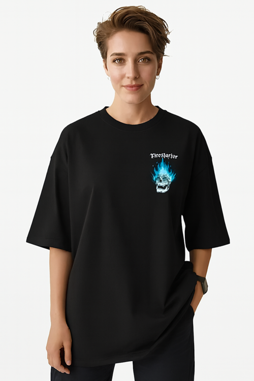 Women's Black Oversized Firestarter Skull Graphic Tee